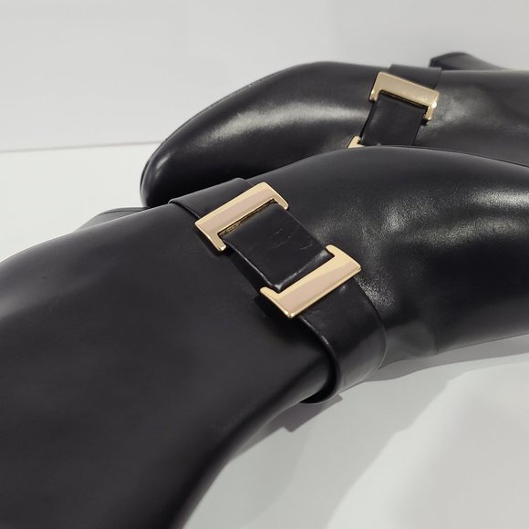 SALE! ✅ DELMAN Black Calfskin Leather Ankle Boot Gold Strap Buckle 9M ✨NEW - Picture 4 of 16